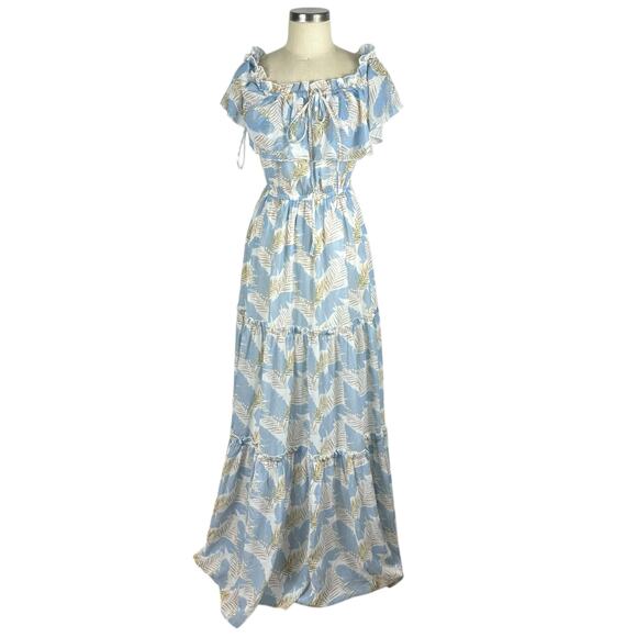LULUS Sway In The Breeze White Leaf Print Off The Shoulder Maxi Dress Women's M - Picture 1 of 8